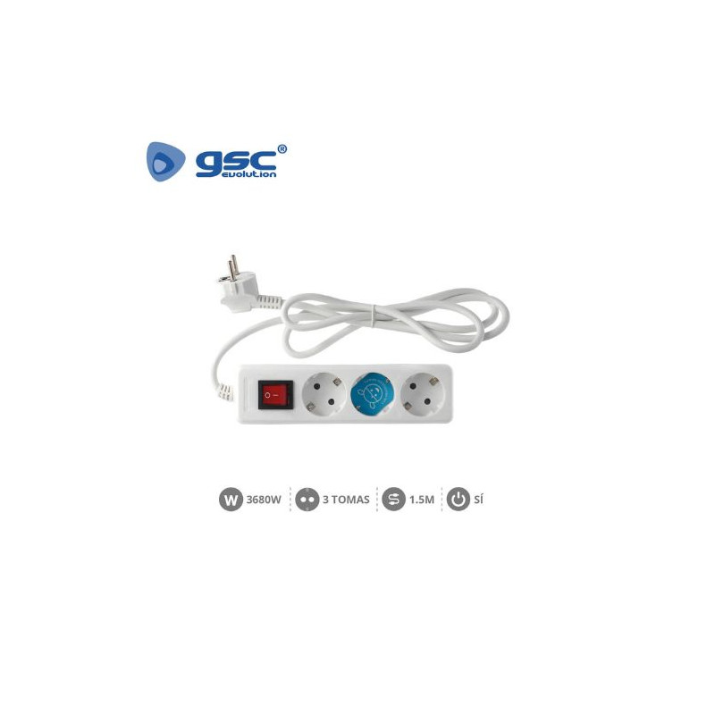 Base 3 Tomas TT 3x1,5mm 1,5 metros de cable con interruptor Blanca (A) GSC C1/20