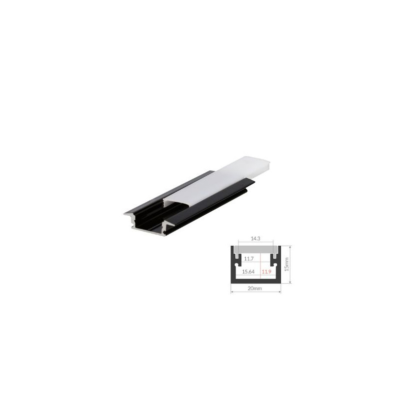 Perfil de aluminio 2m traslúcido Empotrable para tiras LED hasta 12mm Negro GSC