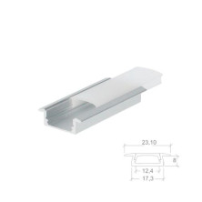 Perfil de aluminio 2m traslúcido Empotrable para tiras LED hasta 12,4mm SILVER