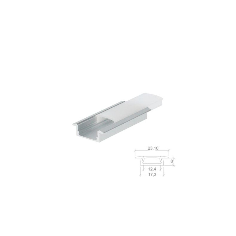 Perfil de aluminio 2m traslúcido Empotrable para tiras LED hasta 12,4mm SILVER