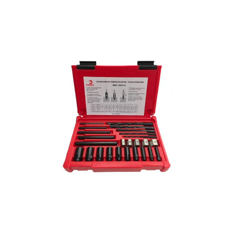 Juego extractor de tornillos rotos de M5 a M20 (5 machos, 5 tuercas, 5 brocas y 10 guías) FORZA