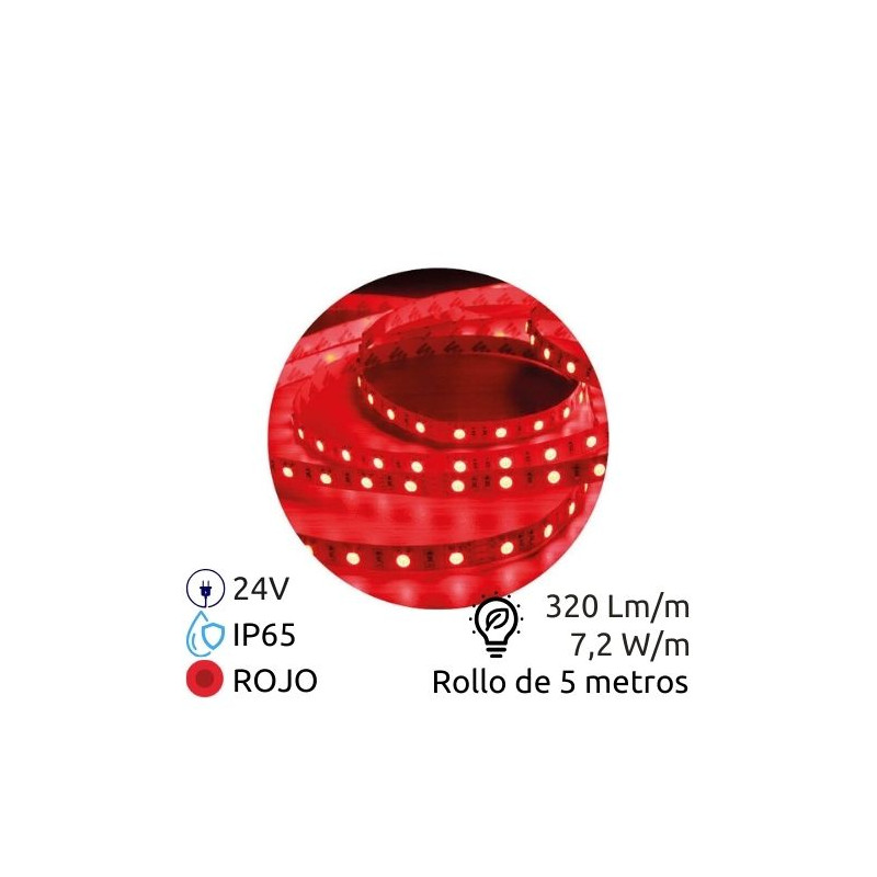 Tira LED 5m 24V 7,2w/m Rojo Ancho 10mm SMD 5050 IP65 ÚLTIMAS UNIDADES