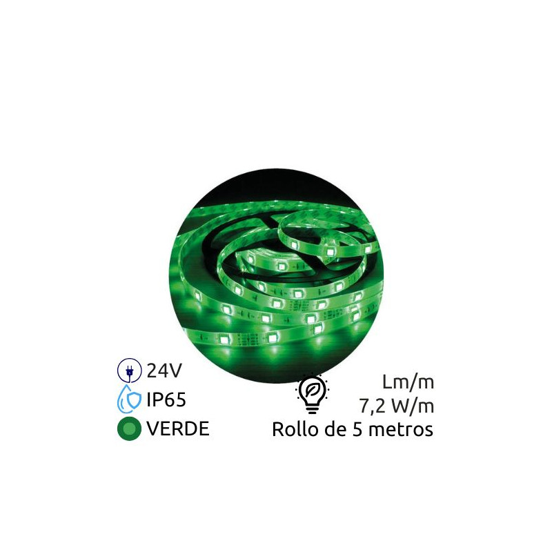 Tira LED 5m 24V 7,2w/m Verde Ancho 10mm SMD 5050 IP65 ÚLTIMAS UNIDADES
