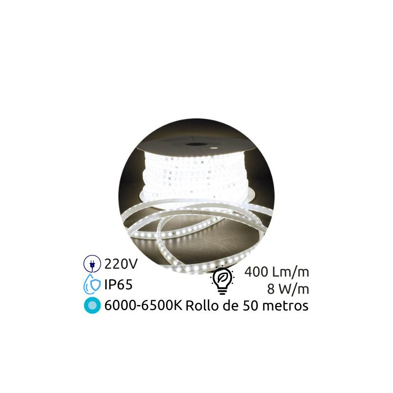 Tira LED 50m 220V 8w/m 6000-6500K 400Lm Ancho 10mm SMD 2835 IP65 GSC