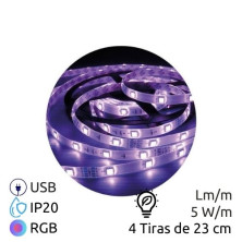 Kit tira LED 4 tira 230mm 5w 12 Leds RGB Ancho 13mm Inteligente para Coche USB 5V