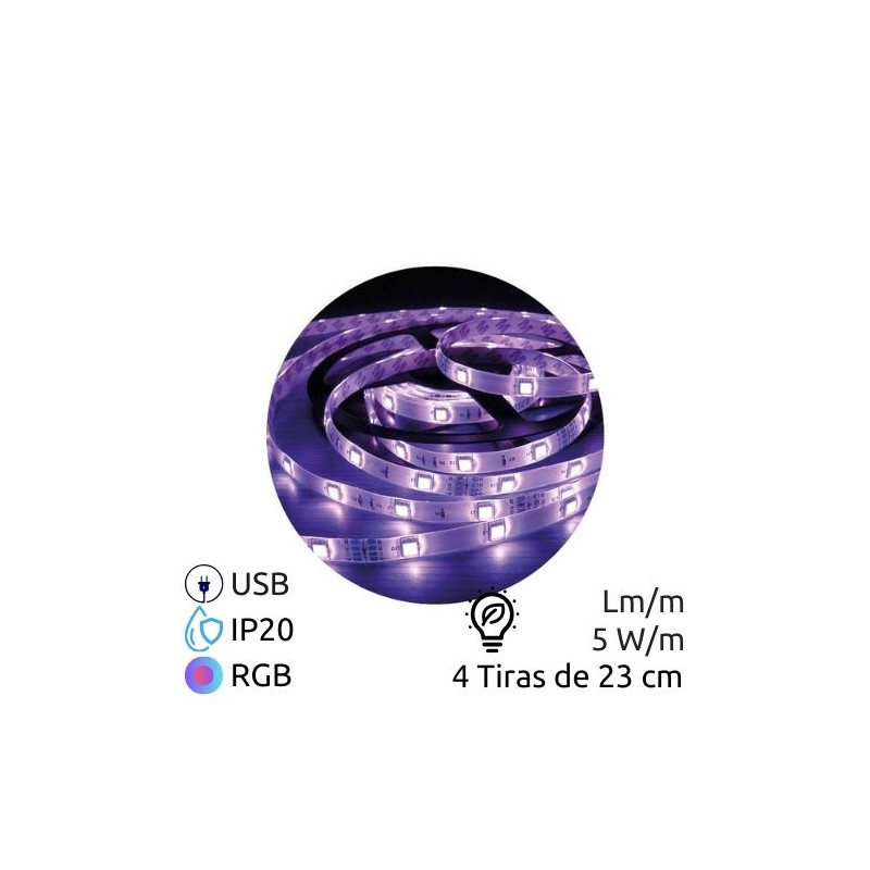 Kit tira LED 4 tira 230mm 5w 12 Leds RGB Ancho 13mm Inteligente para Coche USB 5V