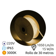 Tira LED COB 220V 30m 15w/m 3000K 1050lm Ancho 12mm Serie PROFESIONAL IP65 SILVER