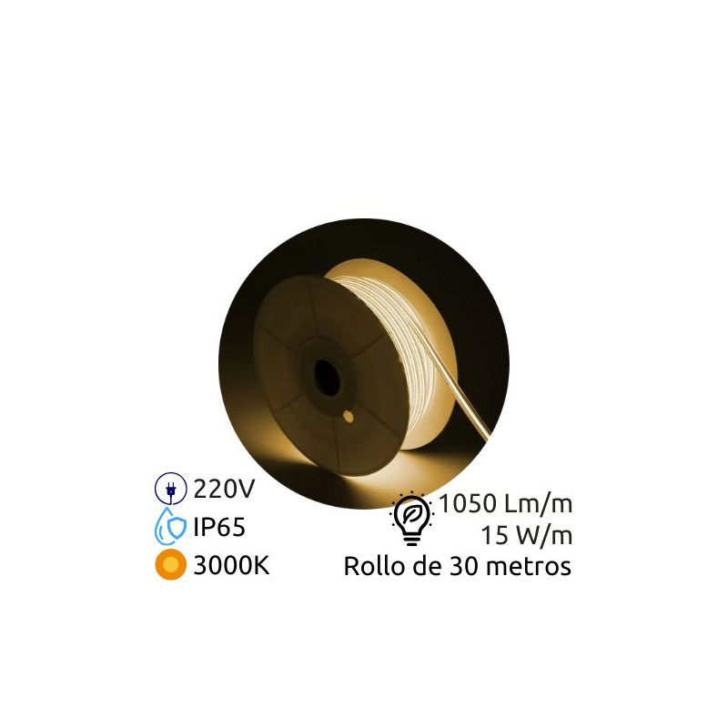 Tira LED COB 220V 30m 15w/m 3000K 1050lm Ancho 12mm Serie PROFESIONAL IP65 SILVER