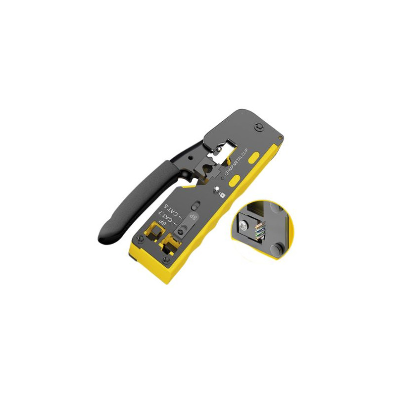 Crimpadora metálica para conectores modulares RJ11 (6P4C), RJ12 (6P6C), RJ45(8P8C) y pasantes AVALVA