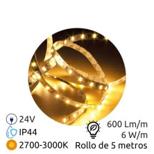 Tira LED 5m 24V 6w/m 2700-3000K 600Lm Ancho 8mm SMD 2835 IP44 GSC C1/50