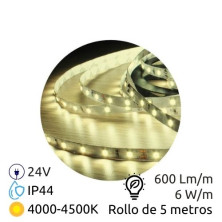 Tira LED 5m 24V 6w/m 4000-4500K 600Lm Ancho 8mm SMD 2835 IP44 GSC C1/50
