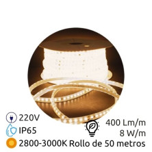Tira LED 50m 220V 8w/m 2800-3000K 400Lm Ancho 10mm SMD 2835 IP65 GSC