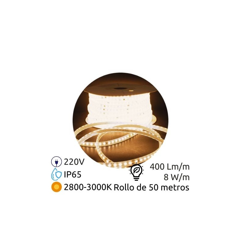 Tira LED 50m 220V 8w/m 2800-3000K 400Lm Ancho 10mm SMD 2835 IP65 GSC