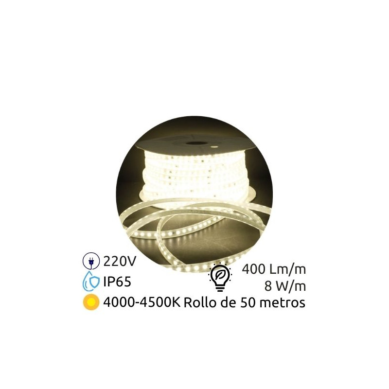 Tira LED 50m 220V 8w/m 4000-4500K 400Lm Ancho 10mm SMD 2835 IP65 GSC