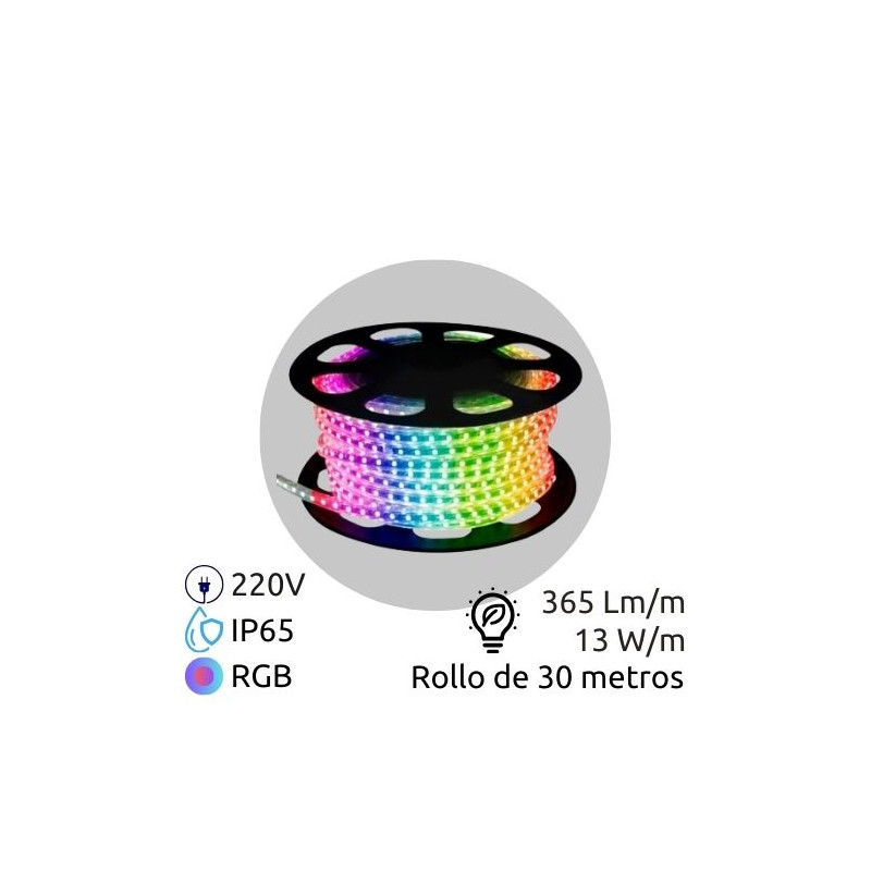 Tira LED 30m 220V 13w/m RGB 365Lm Ancho 10mm Serie PROFESIONAL IP65 SILVER
