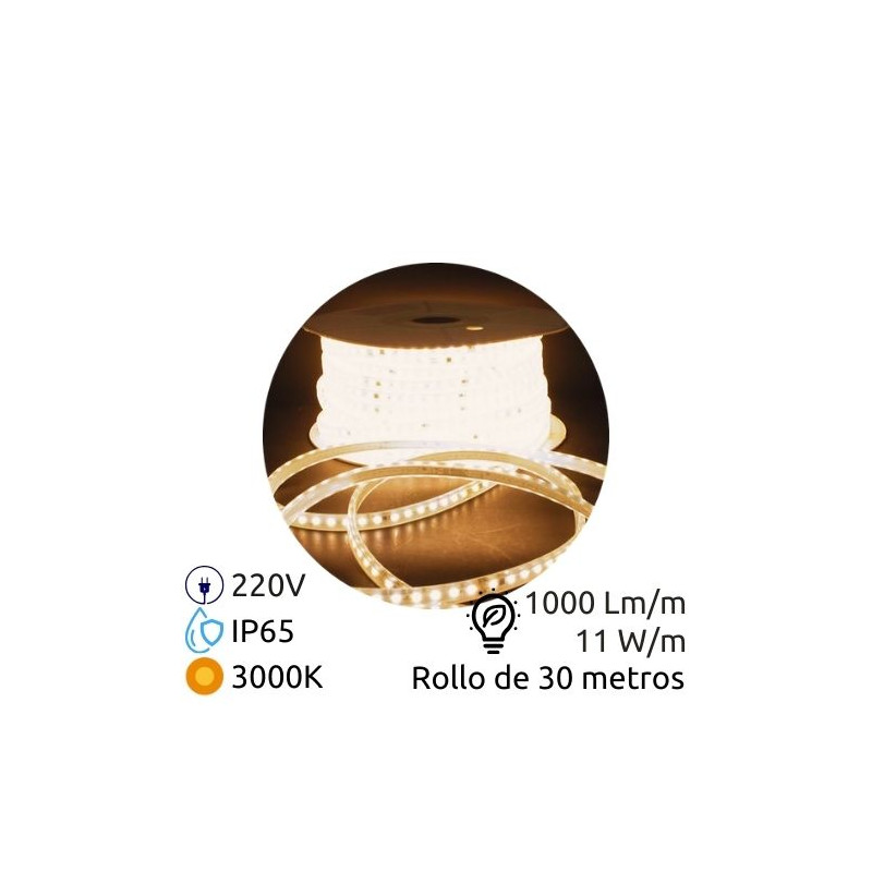 Tira LED 30m 220V 11w/m 3000K 1000Lm Ancho 12mm Serie PROFESIONAL IP65 SILVER