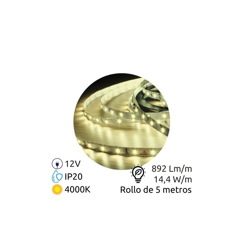 Tira LED 5m 12V 14,4w/m 4000K 892Lm Ancho 10mm SMD 5050 IP20 SILVER C1