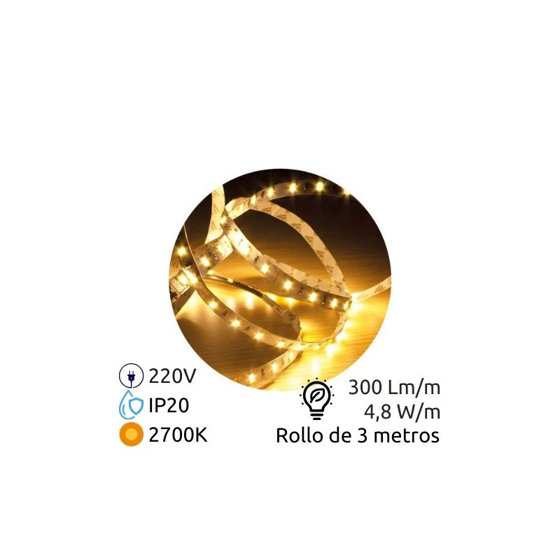 Kit tira LED 3m 4,8w/m 2700K 300lm Lista para enchufar 220V SILVER
