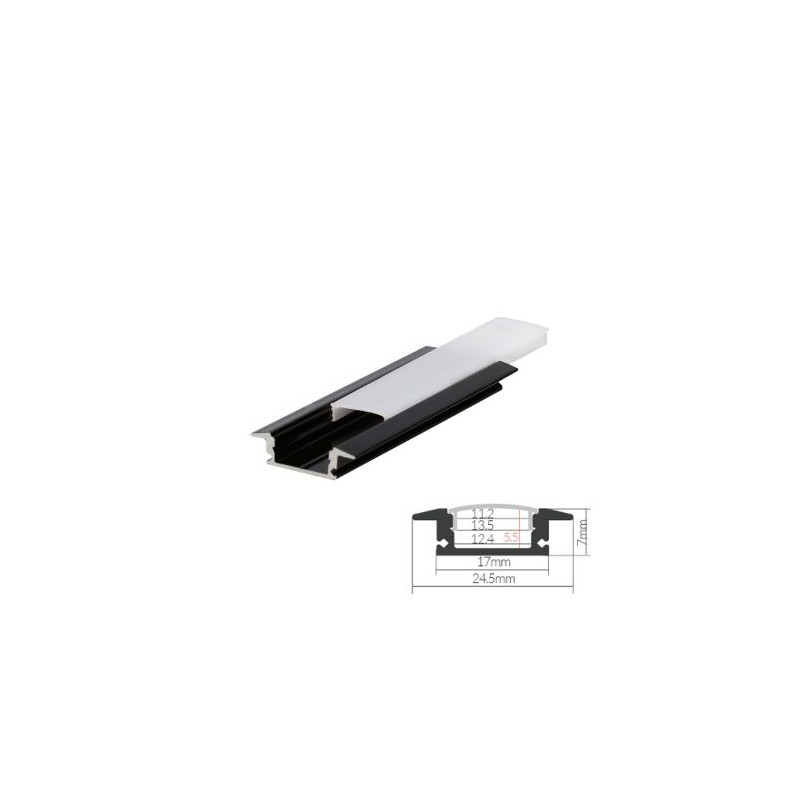 Perfil de aluminio 2m traslúcido Empotrable para tiras LED hasta 12mm Negro GSC