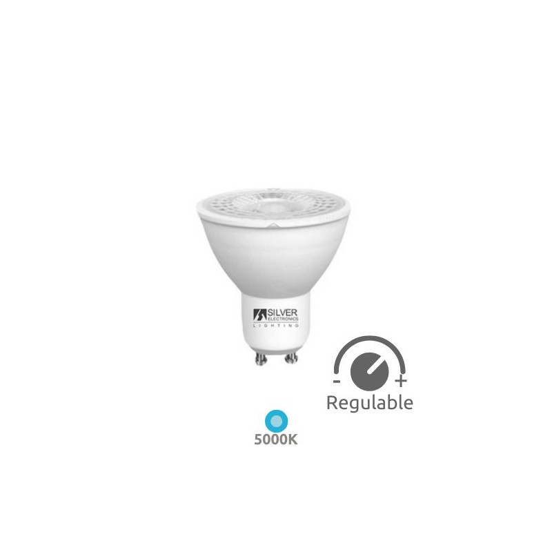 Bombilla Dicroica LED GU10 ((( REGULABLE ))) 8w 5000K 600Lm 220V PREMIUM SILVER C1