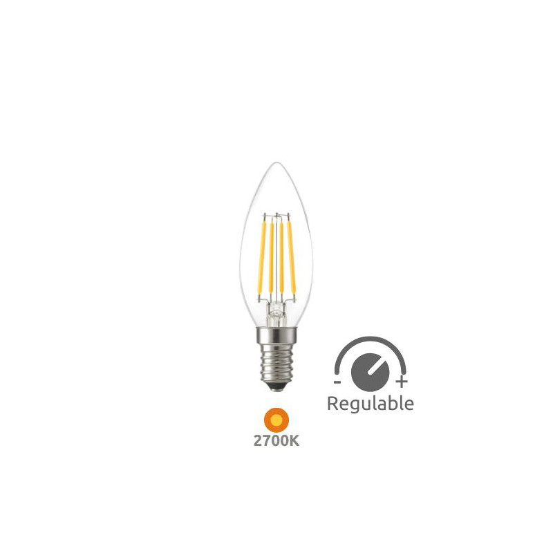 Bombilla Vela ((( REGULABLE ))) E14 4w 2700K 470Lm FILAMENTO 220V SILVER