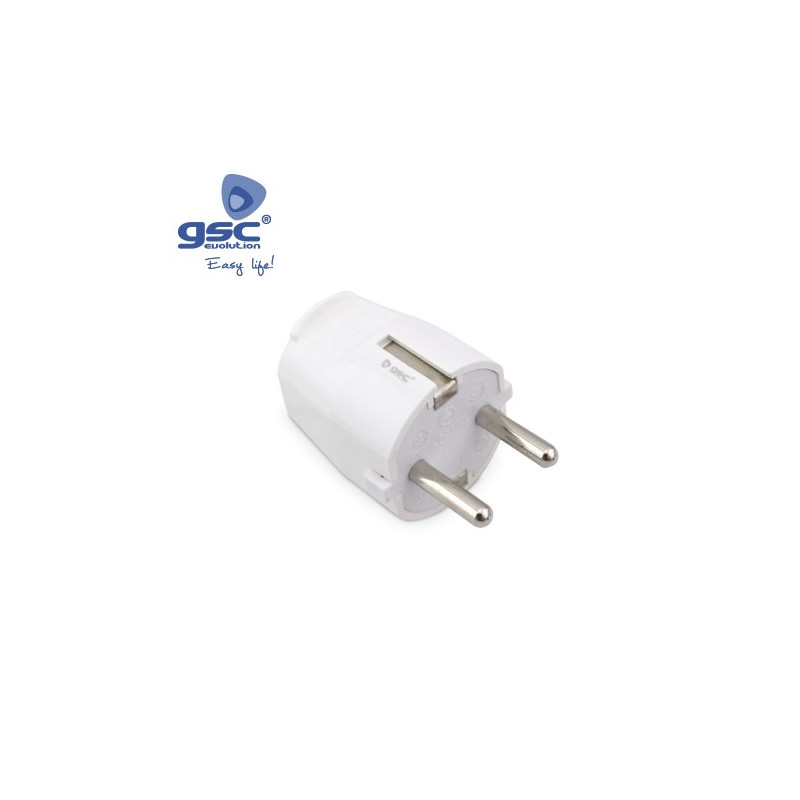 Clavija 16A 220V TT Lateral Blanco Bipolar Policarbonato Diámetro 4,8mm Retractilado GSC C25/600