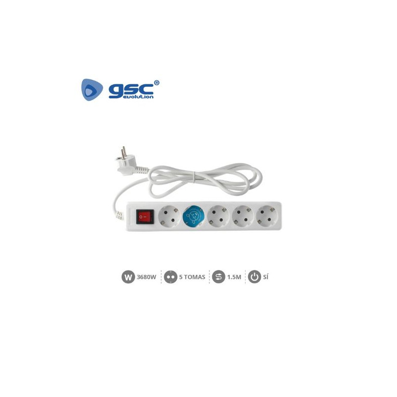 Base 5 Tomas TT 3x1,5mm 1,5 metros de cable con interruptor Blanca (A) GSC C1/15