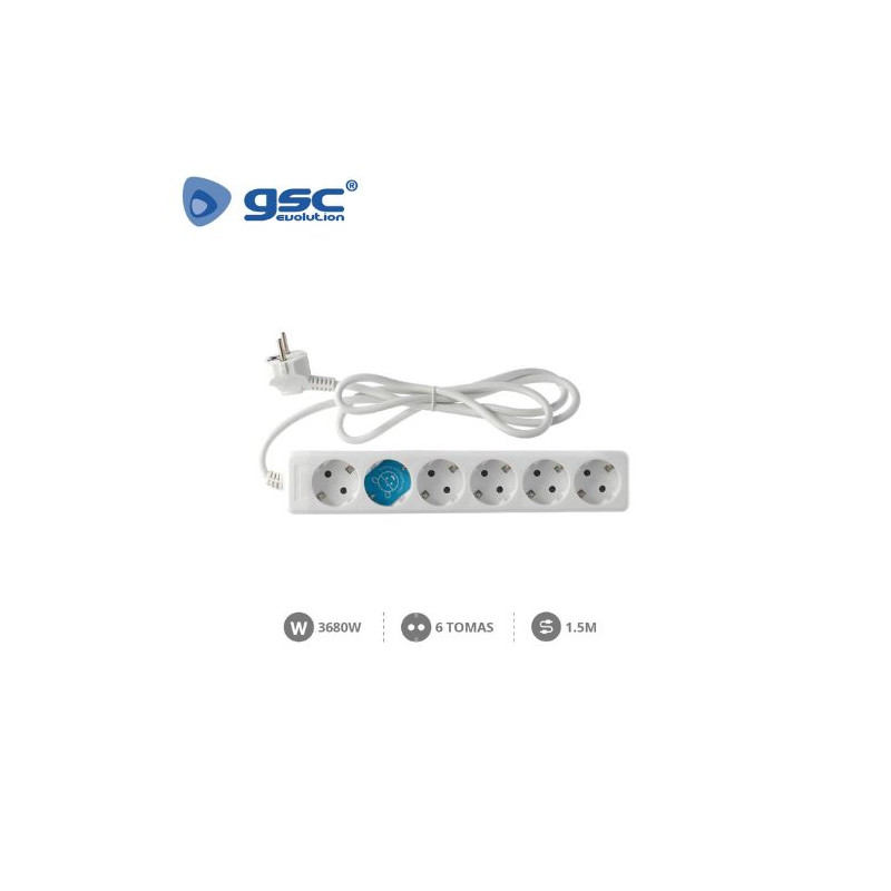 Base 6 Tomas TT 3x1,5mm 1,5 metros de cable Blanca (A) GSC C1/15
