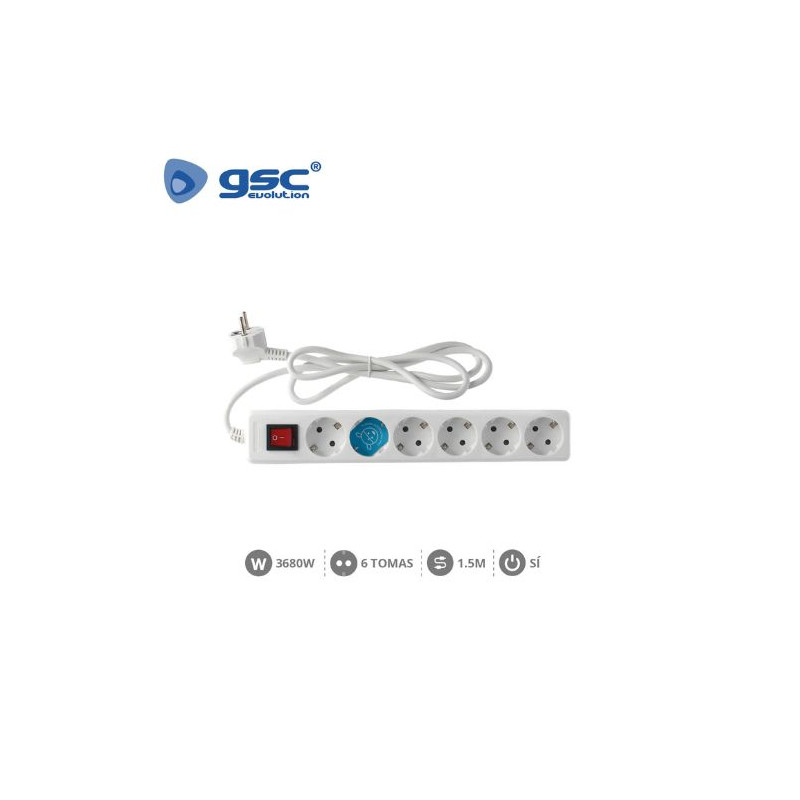 Base 6 Tomas TT 3x1,5mm 1,5 metros de cable con interruptor Blanca (A) GSC C1/15