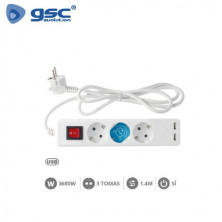 Base 3 Tomas TT + 2 USB 3x1,5mm 1,4 metros de cable con interruptor Blanca GSC C1/20 UUS