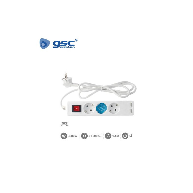 Base 3 Tomas TT + 2 USB 3x1,5mm 1,4 metros de cable con interruptor Blanca GSC C1/20 UUS