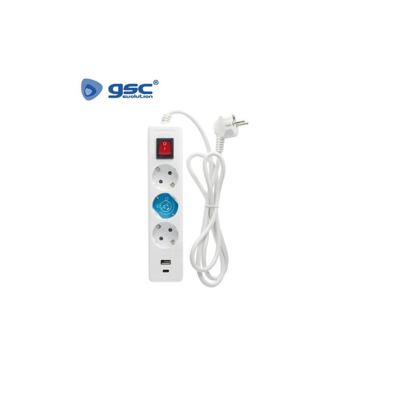 Base 3 Tomas TT + USB C + USB A con interruptor 3x1,5mm 1,4 metros Blanca GSC C1/20