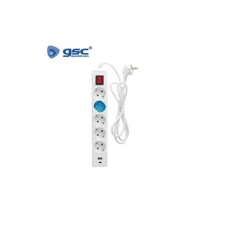 Base 5 Tomas TT + USB C + USB A con interruptor 3x1,5mm 1,4 metros Blanca GSC C1/20