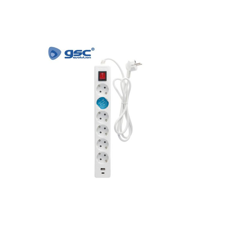 Base 6 Tomas TT + USB C + USB A con interruptor 3x1,5mm 1,4 metros Blanca GSC C1/20