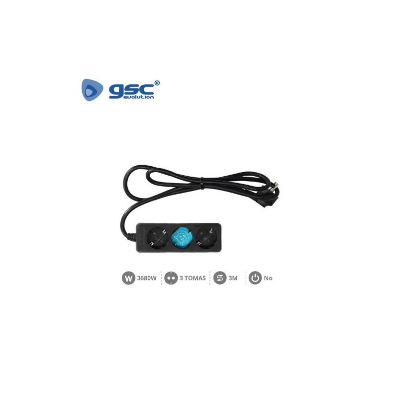 Base 3 Tomas TT 3x1,5mm 3 metros de cable Negro (B) GSC C1/20