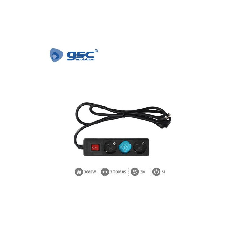 Base 3 Tomas TT 3x1,5mm 3 metros de cable con interruptor Negro (A) GSC C1/20