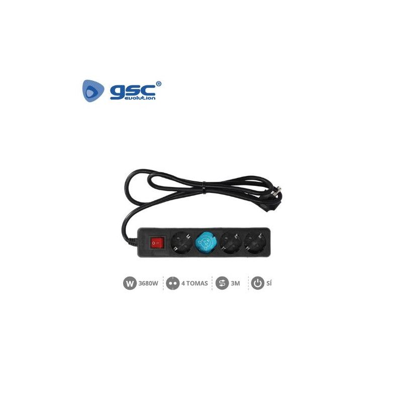 Base 4 Tomas TT 3x1,5mm 3 metros de cable con interruptor Negro (A) GSC C1/15