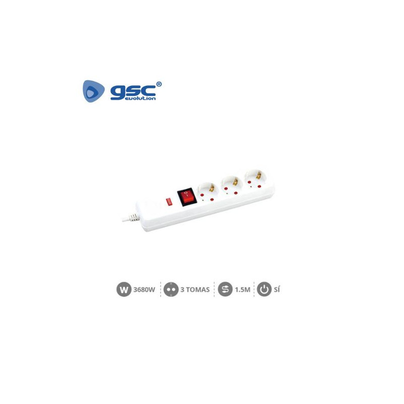 Base 3 Tomas TT 3x1,5mm 1,5 metros de cable con interruptor y protección Blanca GSC ÚLTIMAS UNIDADES