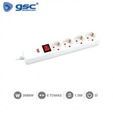 Base 4 Tomas TT 3x1,5mm 1,5 metros de cable con interruptor y protección Blanca GSC /20