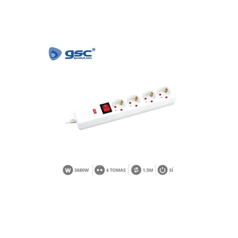 Base 4 Tomas TT 3x1,5mm 1,5 metros de cable con interruptor y protección Blanca GSC C1/20