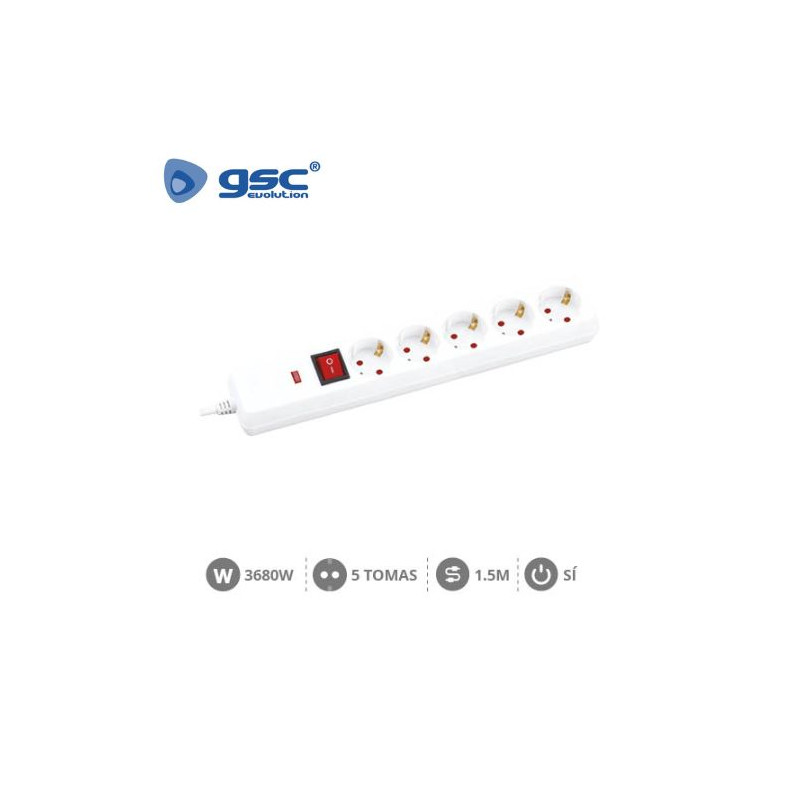 Base 5 Tomas TT 3x1,5mm 1,5 metros de cable con interruptor y protección Blanca GSC /20