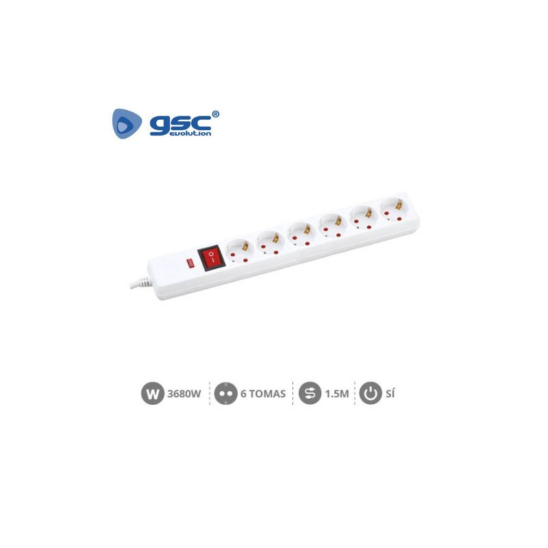 Base 6 Tomas TT 3x1,5mm 1,5 metros de cable con interruptor y protección Blanca GSC C1/20