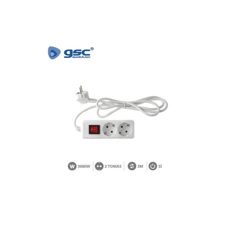 Base 2 Tomas TT con interruptor 3x1,5mm 3 metros Blanca GSC C1/20