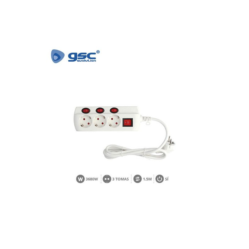 Base 3 Tomas TT 3x1,5mm 1,5 metros de cable con multi interruptor Blanca GSC C1/20
