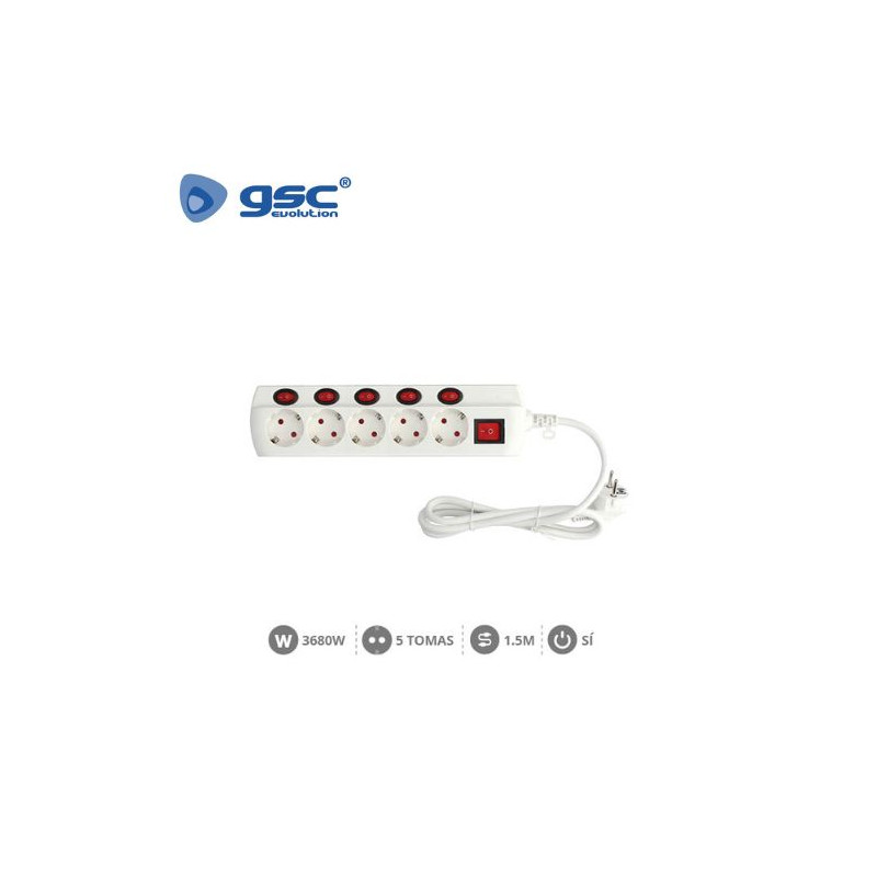 Base 5 Tomas TT 3x1,5mm 1,5 metros de cable con multi interruptor Blanca GSC C1/20