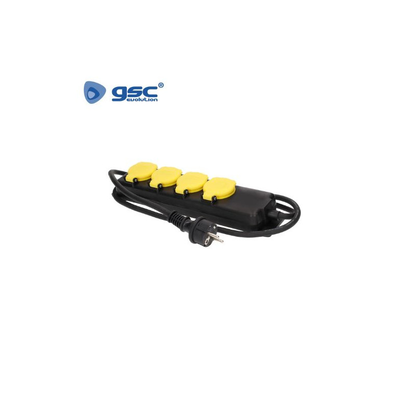 Base 4 Tomas TT 3x1,5mm 1,5 metros de cable Negro y Amarillo IP44 GSC C1/15