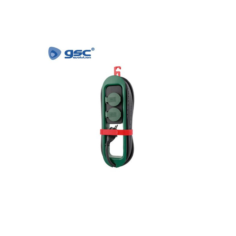 Base 2 Tomas TT con tapas 3x1,5mm 3,2 metros de cable Verde/Negro IP44 GSC