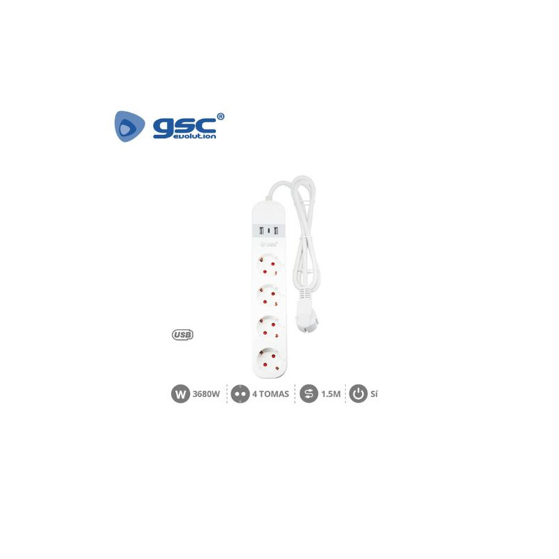 Base 4 Tomas TT 3x1,5mm 1,5 metros de cable + 3 USB (2 Tipo A+1 Tipo C) Inteligente Blanco GSC C1/12