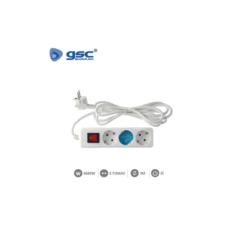 Base 3 Tomas TT 3x1,5mm 3 metros de cable con interruptor Blanca (B) GSC C1/20