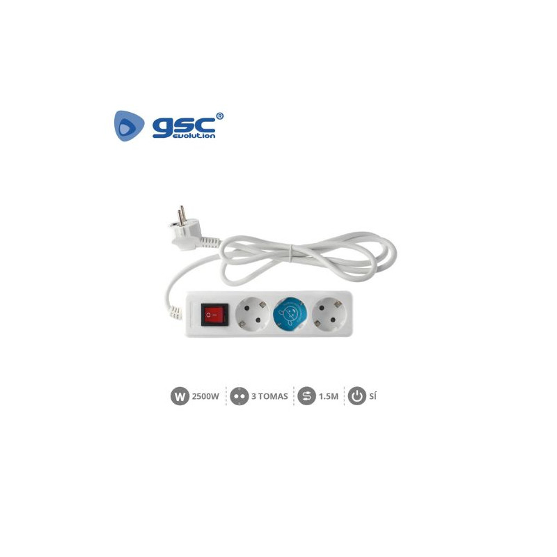 Base 3 Tomas TT 3x1,0mm 1,5 metros de cable con interruptor Blanca GSC C1/20